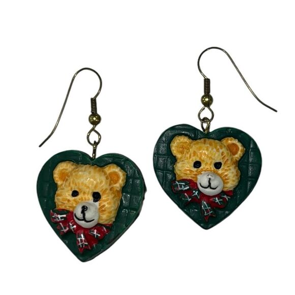 Teddy Bear Earrings Ralph Lauren Inspired Handmade Ceramic Dangly - Picture 1 of 2